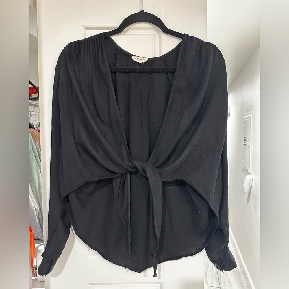 Cotton Candy Black Tie Front Long Sleeve Blouse